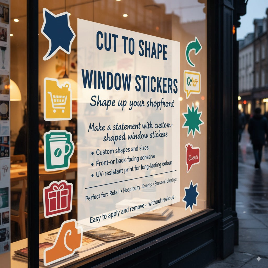 Window display with cut to shape window stickers advertisement